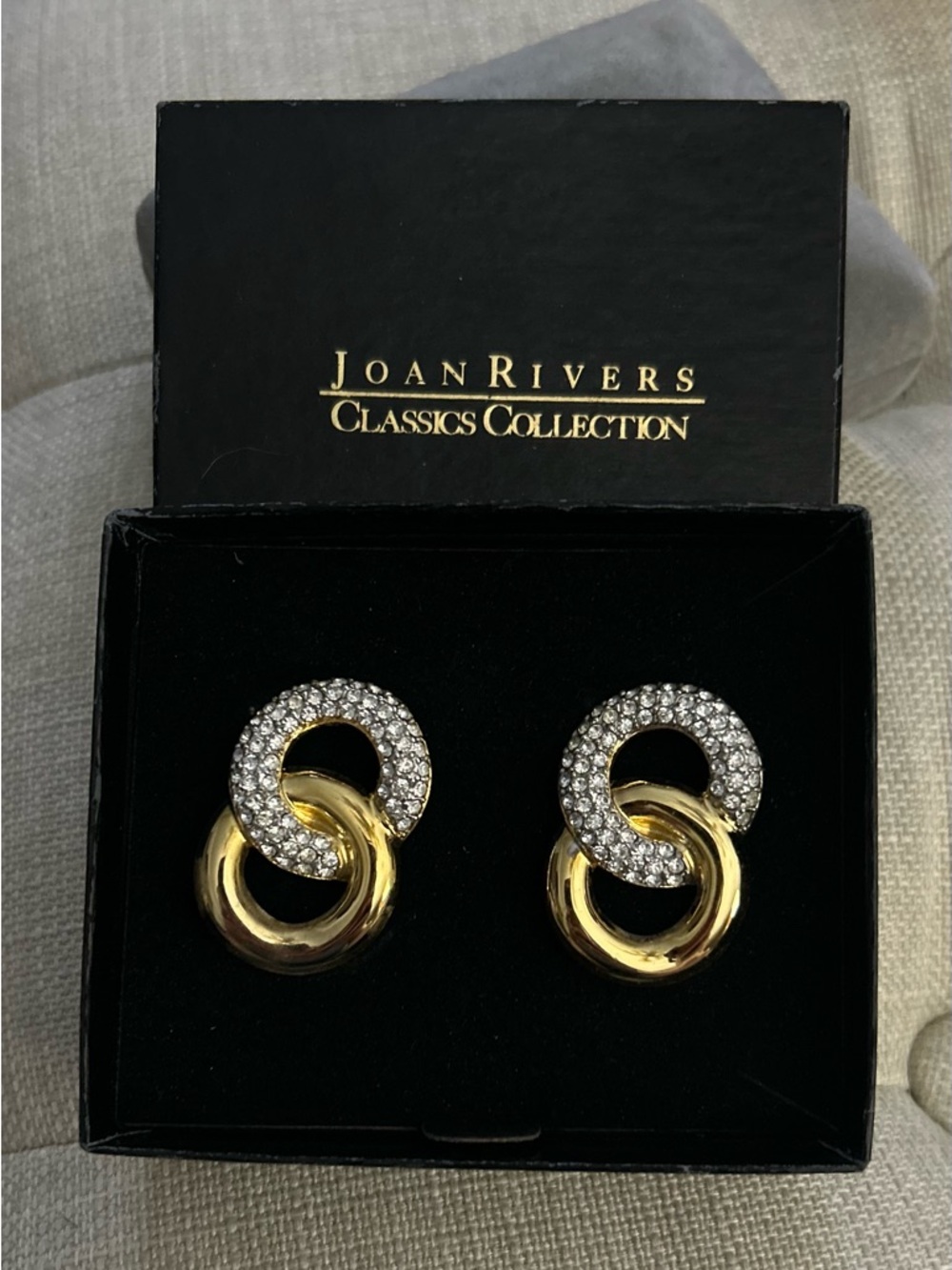 Joan Rivers VintageClip On Earrings Pave Rhinestone Gold Tone Interlocking LooP